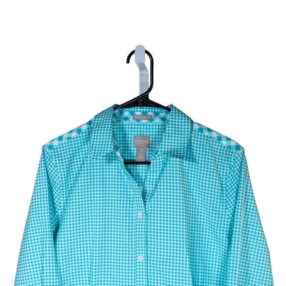 Chico's Women's Blouse Button Up Blue White Check Plaid Long Sleeve Top 2 L/12 - Picture 4 of 9
